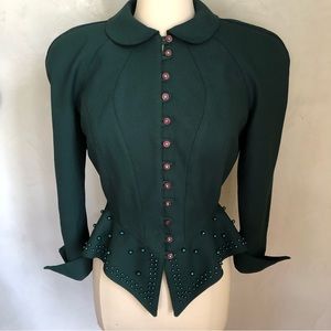 Vintage Mesmerize green blazer w/decorative pearls & buttons,shoulder pads